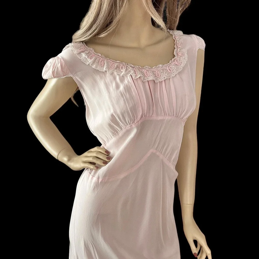 40s Pink Rayon Maxi Nightgown L Angelic Goddess Old Hollywood Coquette Glow Gaze
